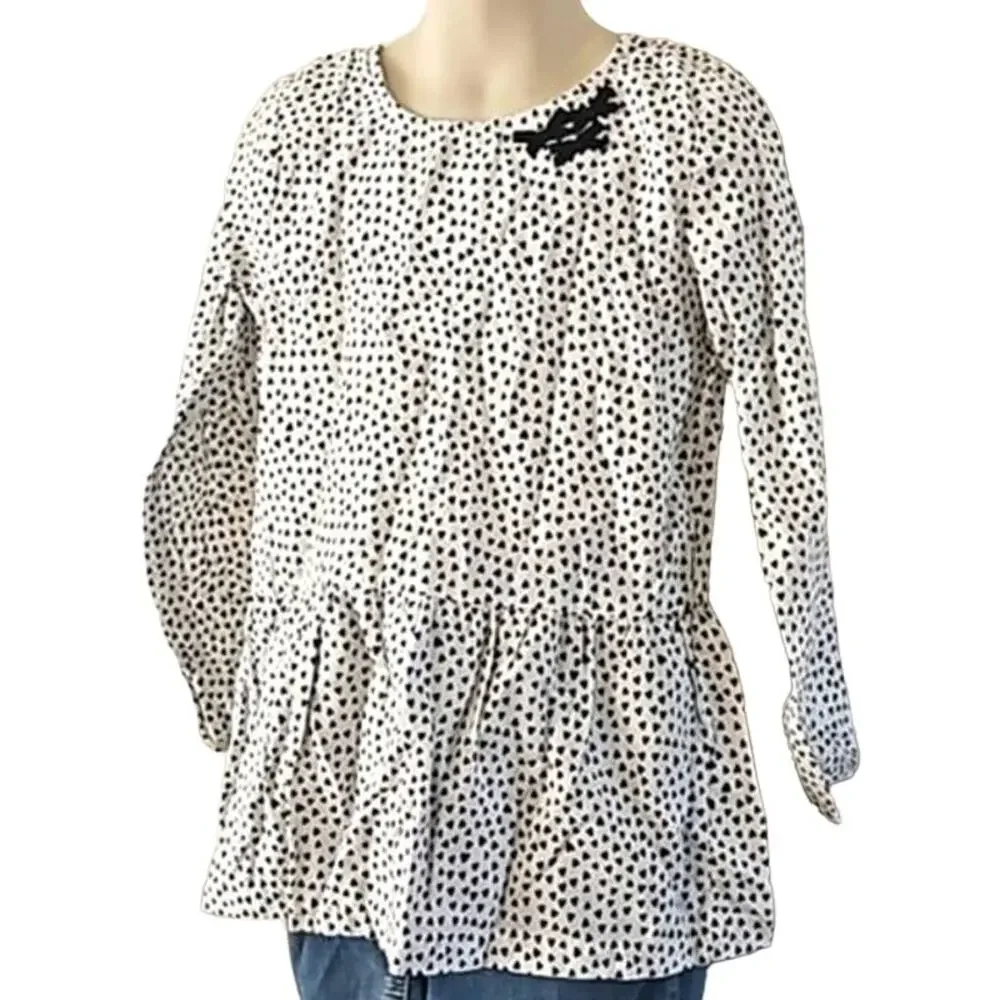 Carter's Girls Heart Print Peplum Top Size 6/6X Long Sleeve Cream Black Bow